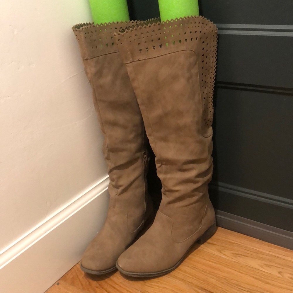 Light tan faux suede knee high boots